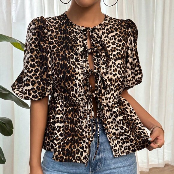 Tops - Multicolor Sexy Women's Tie Front Black Polka Puff Sleeve T-Shirt